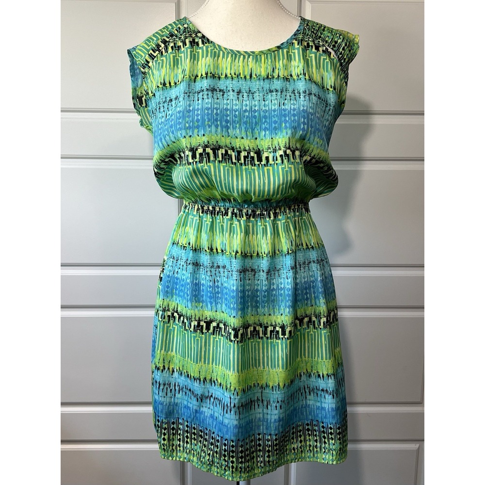 BeBop Sleeveless Dress Green Blue Abstract Print Elastic Waist Casual Mini‎